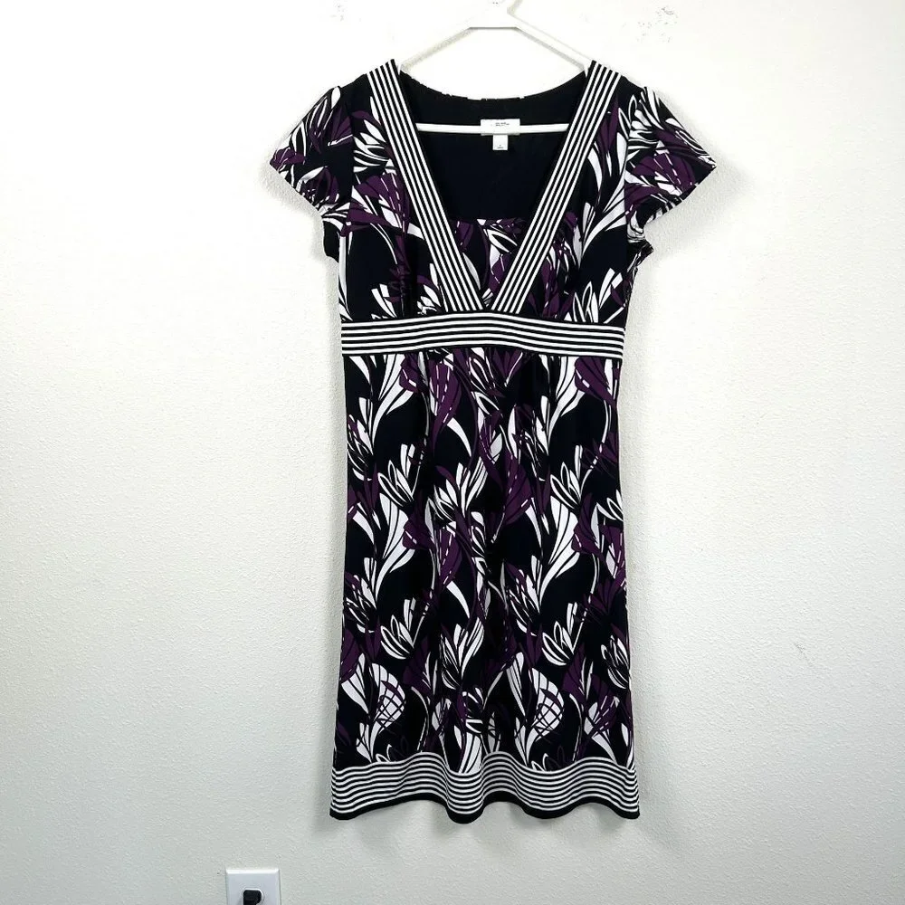 Ann Taylor Loft Dress Size 6 Purple Black Floral Stripe Knee Length Short Sleeve